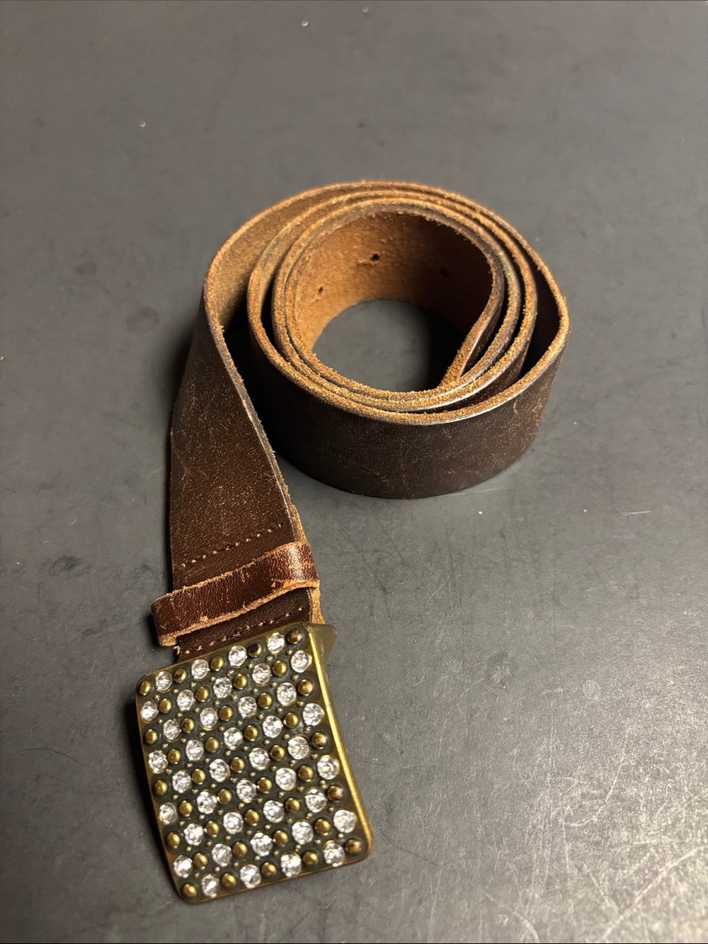 Y2K American Eagle Outfitters Brown Leather Belt with Gold Crystal Buckle
